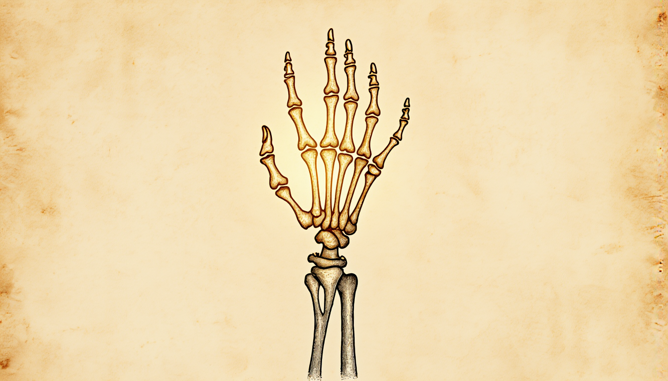Engraved hand skeleton with phalanges highlighted