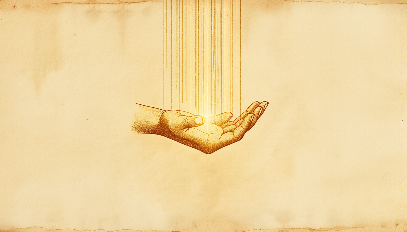 An open hand, palm up, with golden light flowing through